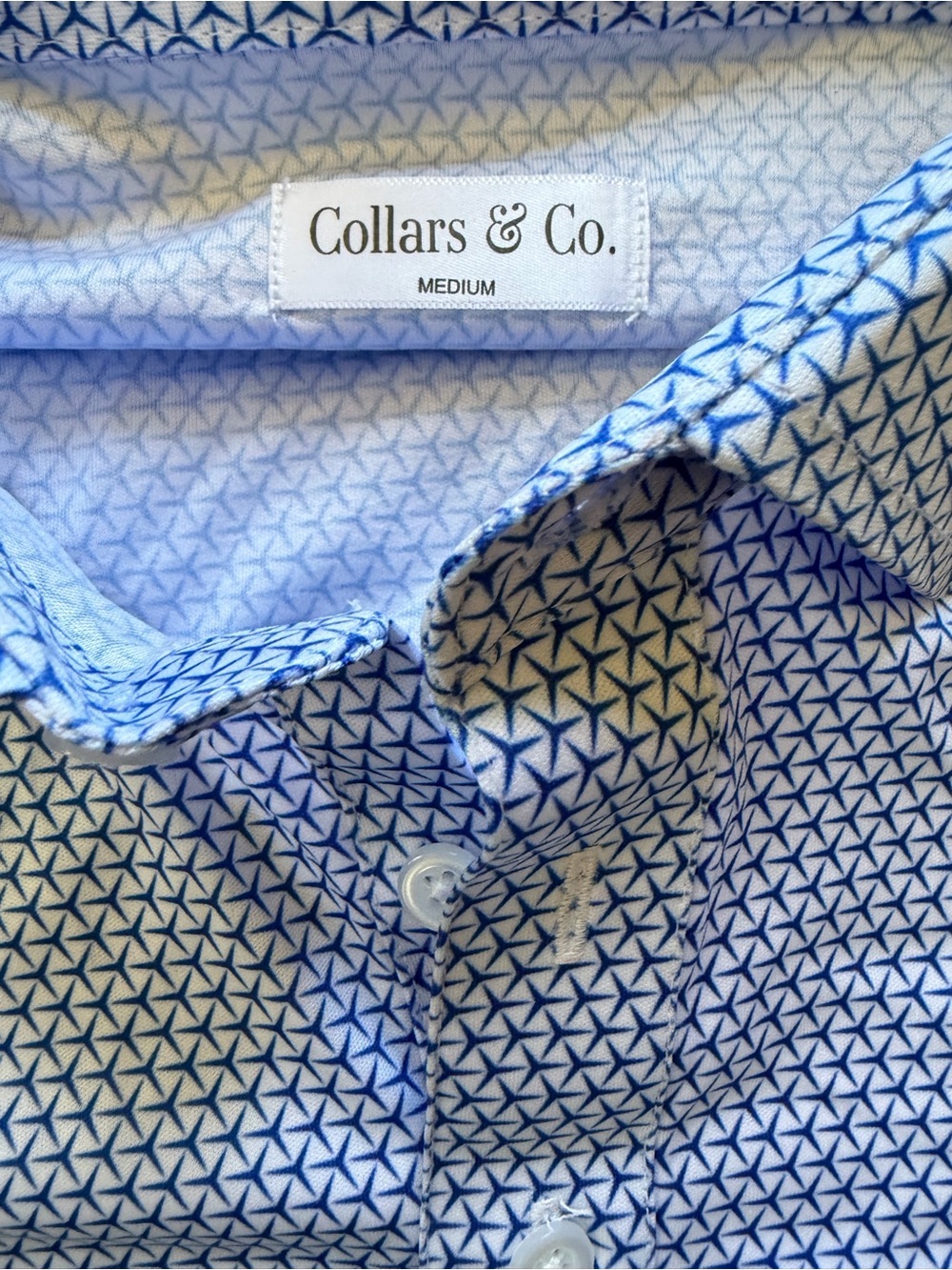 Collars & Co Semi Spread Collar Polo Shirt Turbo GT White Blue Geometric Medium - Picture 5 of 8